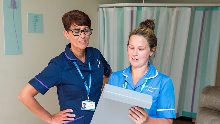 Dove House and Maister Lodge staff discuss patient notes.