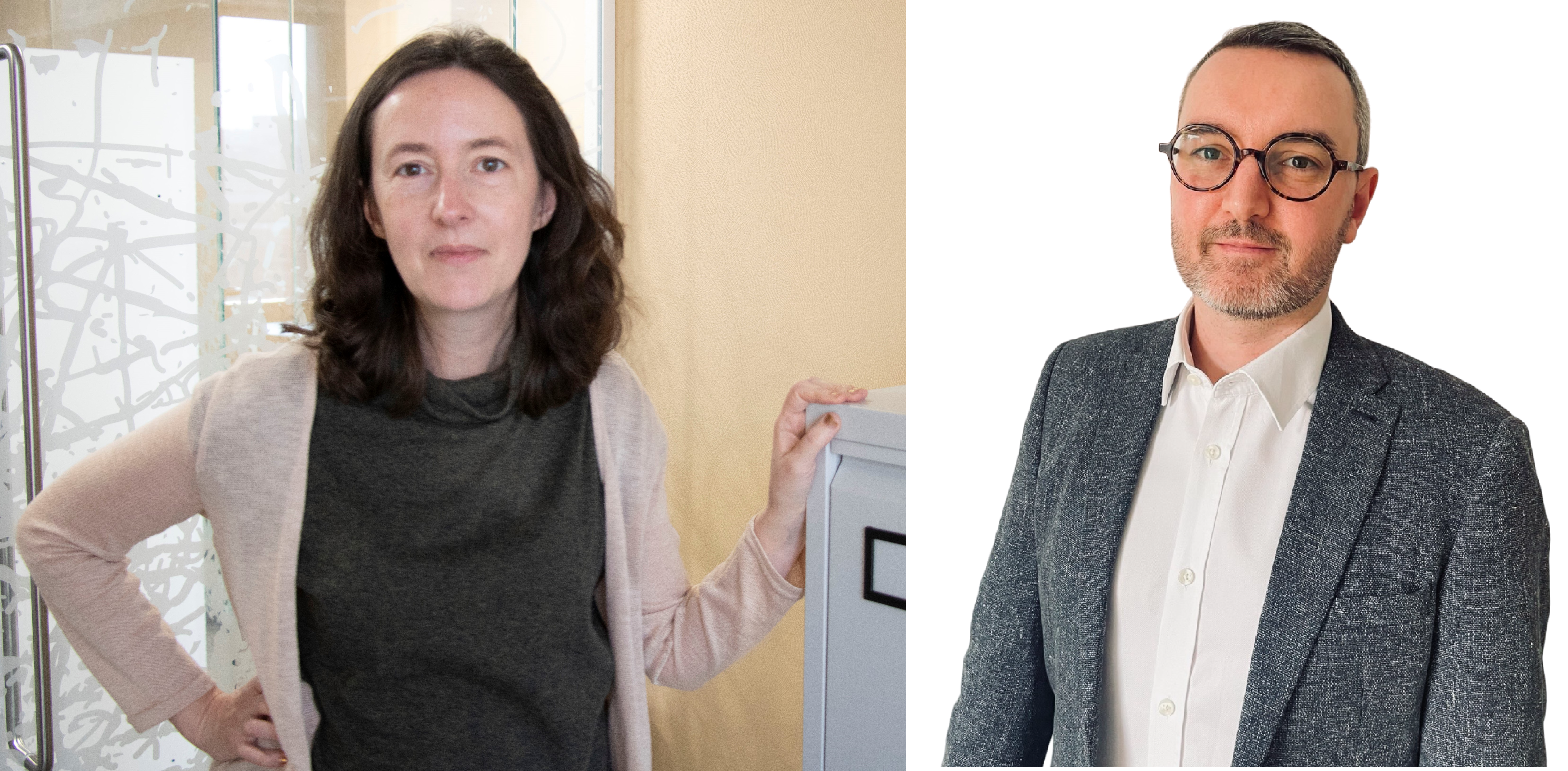 Two professional portraits of a woman and a man