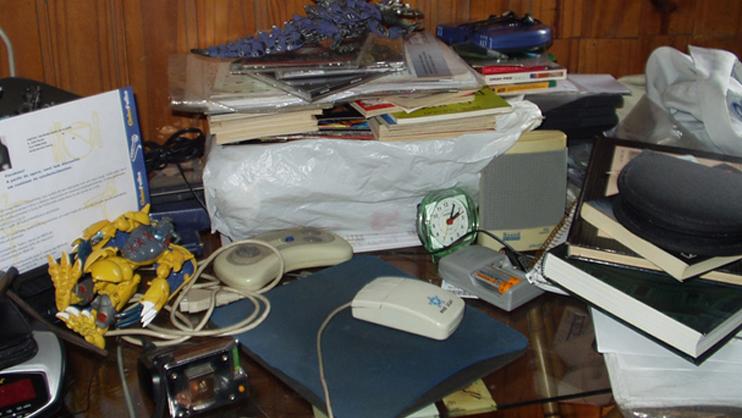 A cluttered room.