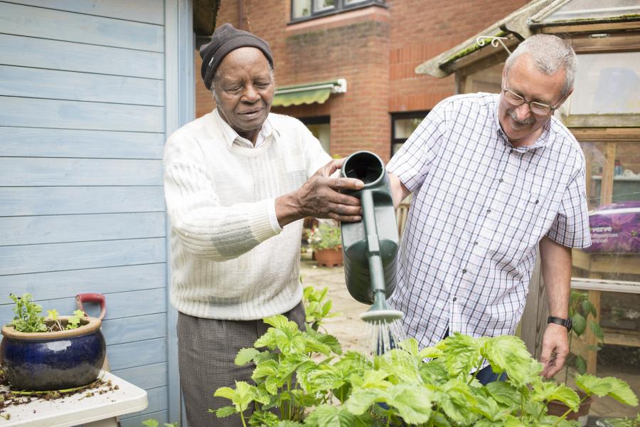 Two men watering plants