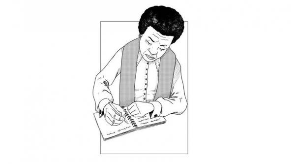 Illustration of Enomwoyi's mum Pearl taking notes