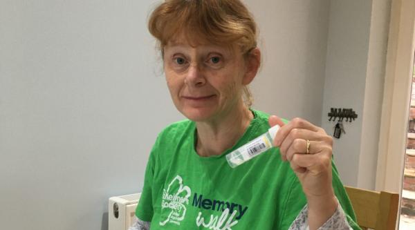 Sarah, a fundraiser for Alzheimer's Society, taking part in the saliva test study for coronavirus