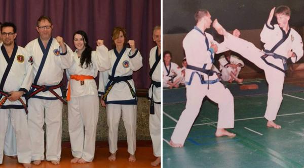 Left, a picture of John Brinda and his family wearing karate gear, right, a picture of John Brinda as a young man doing a karate kick to his opponents face