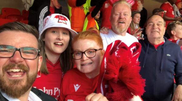 Paul and family at Wembley wearing Nottingham Forrest kits