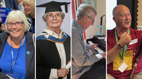 Joan is at a charity event, smiling and wearing a blue top. Veronica is wearing her graduation gown. Steven is playing the piano. John is talking to a group and wearing a red t-shirt