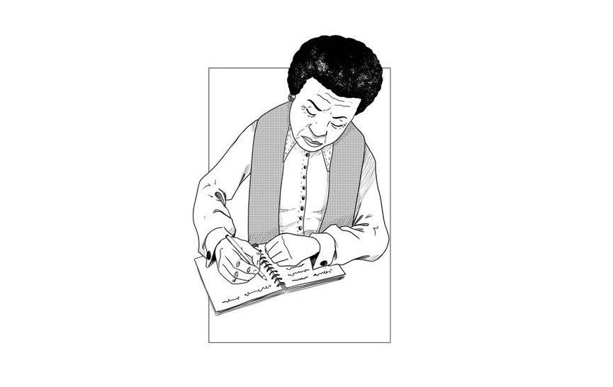 An illustration of Enomwoyi's mum taking notes