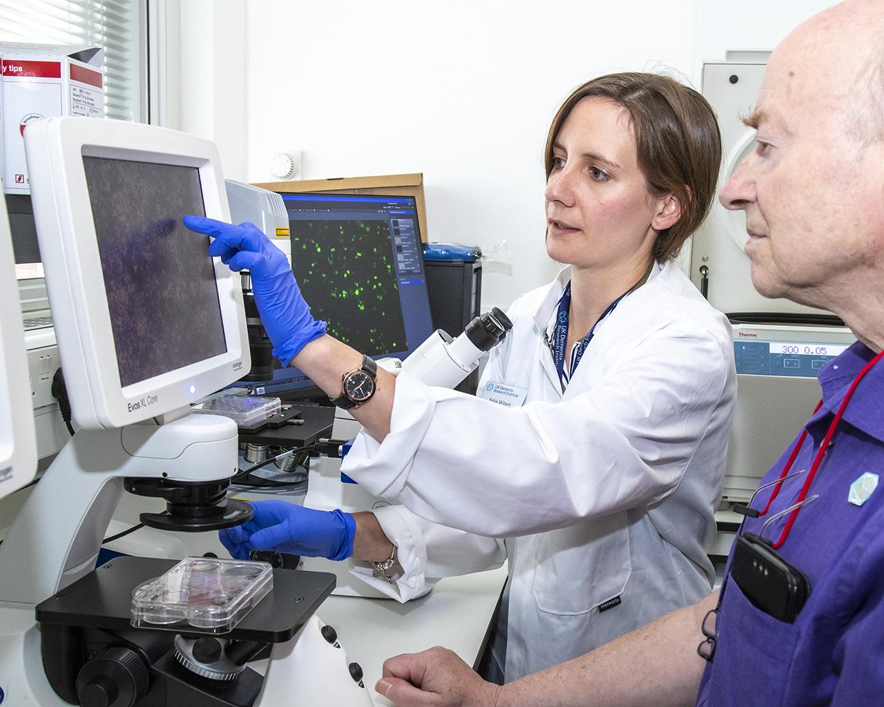 Dr Katie Wilson shows Paul Gill stem cells under the microscope (photo by UCL Digital Media)