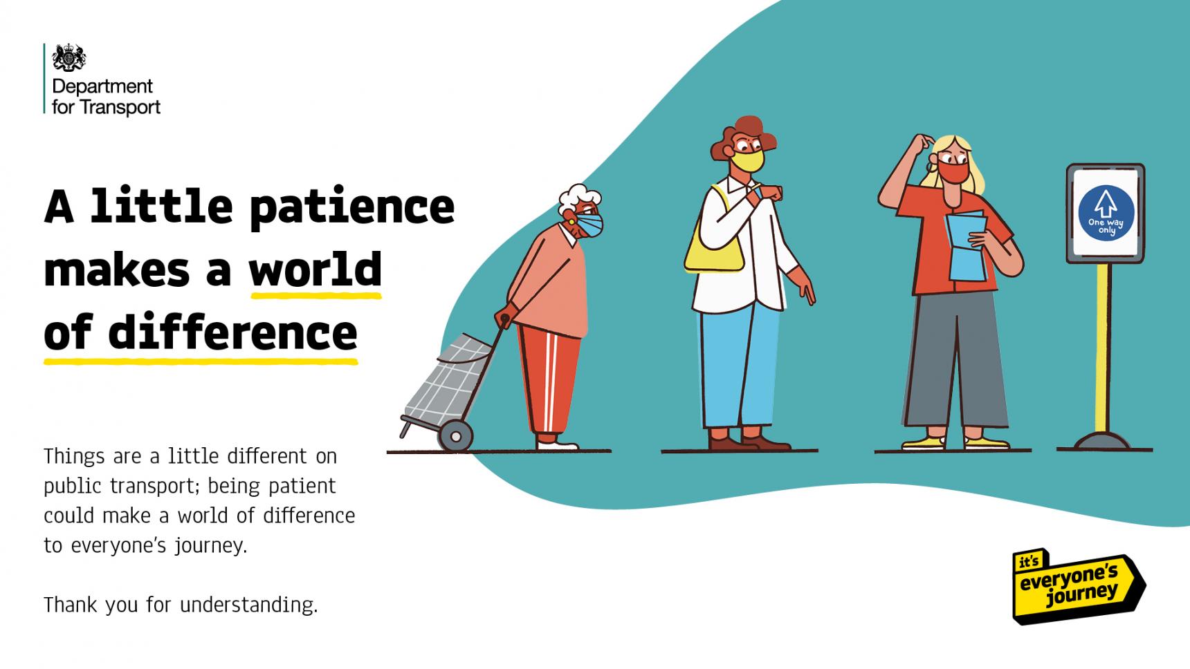 Graphic with the Department for Transport and it’s everyone’s journey logos and the text “A little patience makes a world of difference.”
