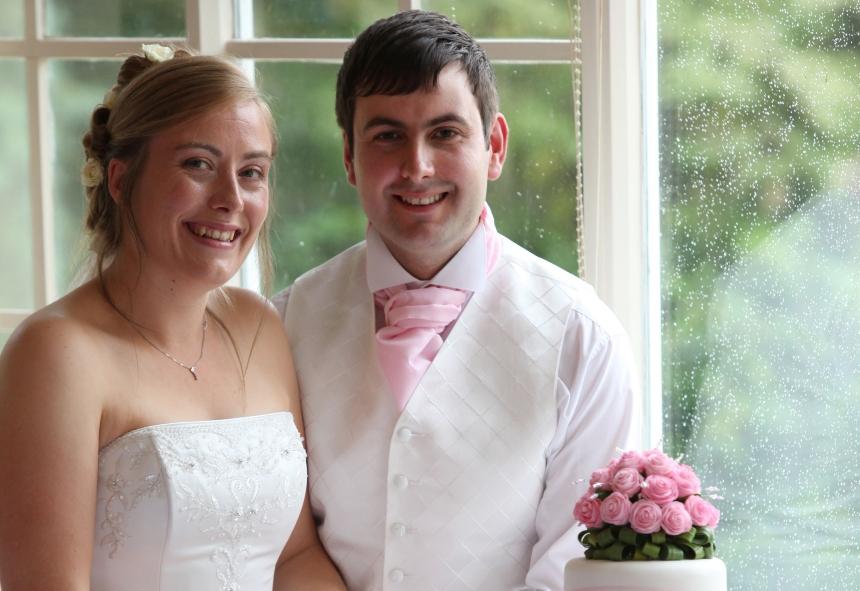 Mark and Caroline in their wedding outfits