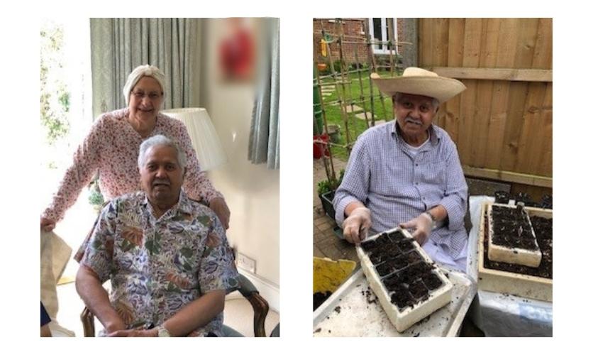 A photo of Zohra and Afzal in their living room, and another photo of Afzal doing some gardening