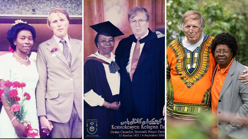 A collage of photos of Nellie Suffolk with her husband, John. On the left hand side they're pictured on their wedding day, in the centre they're wearing graduation robes, and in the third image on the right they stand in their garden together wearing bright orange clothing.