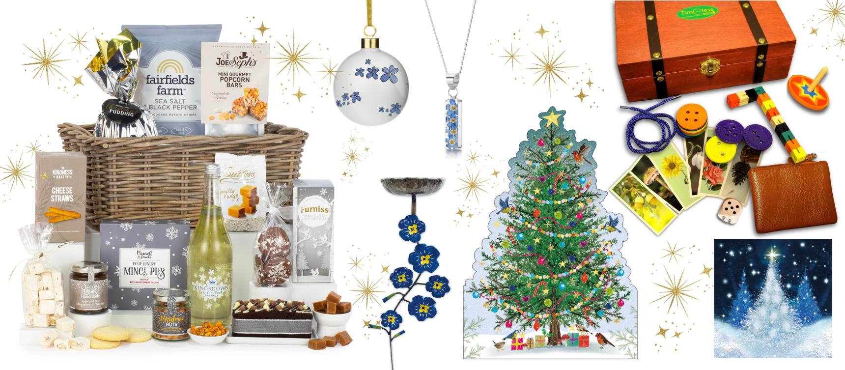 A selection of gifts, including cards, a hamper and baubles