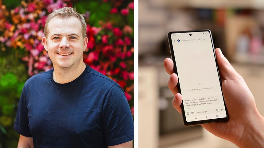 James Brown of Supersense Technologies smiling and wearing a navy t-shirt, and someone testing Supersense technology with interactive chat on a smartphone