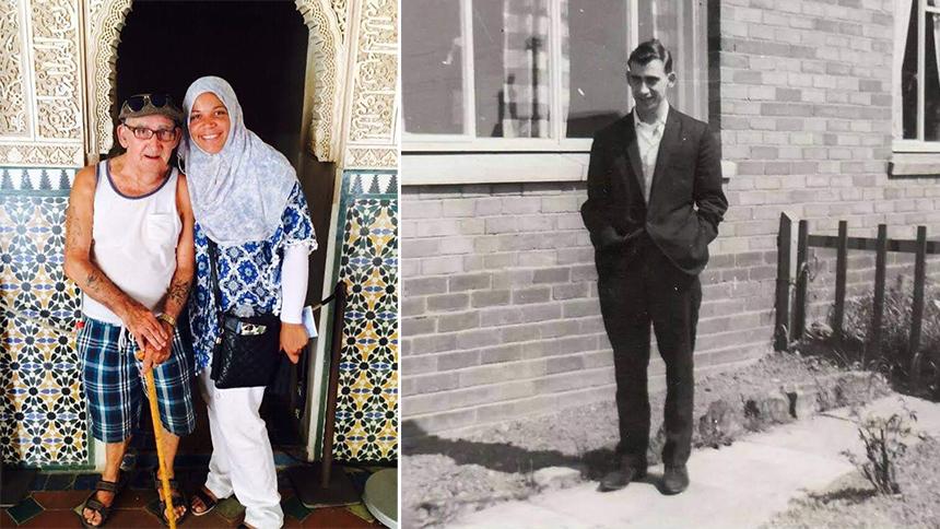 Jaymain and her grandad bob on holiday stood under an ornate Moorish arch, and Bob as a young man wearing a dark suit