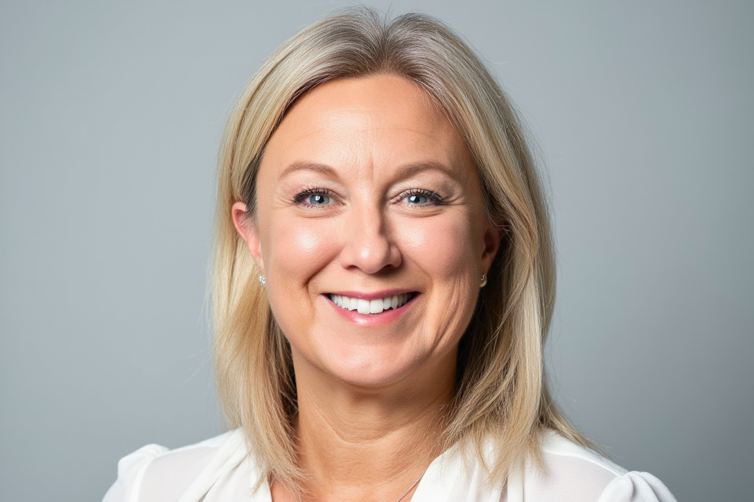 A woman with short blonde hair and a white shirt