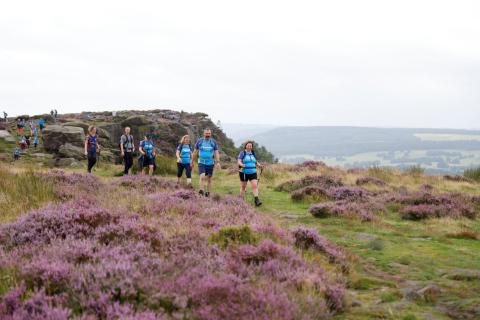 Trekkers walking across the peaks in heather
