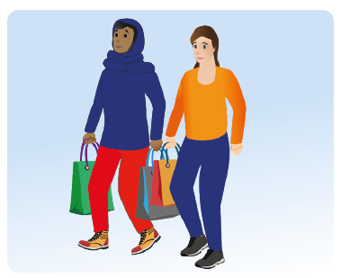Two people walk side by side with shopping bags