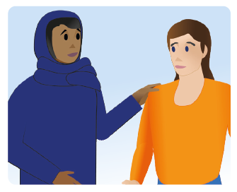 A person wearing blue comforts another person wearing orange